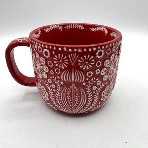 World Market Large Red White Floral Embossed Collectible Mug